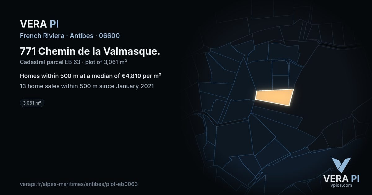 771 Chemin de la Valmasque, Antibes at night – the plot lit, the parcels around coloured by the prices near them