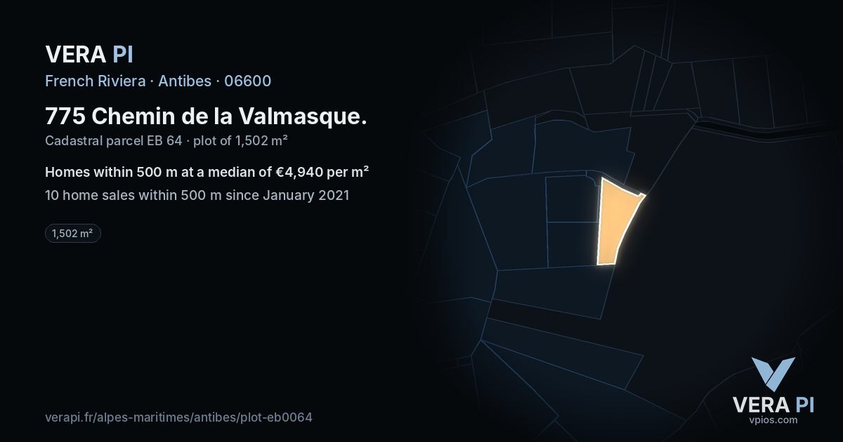 775 Chemin de la Valmasque, Antibes at night – the plot lit, the parcels around coloured by the prices near them