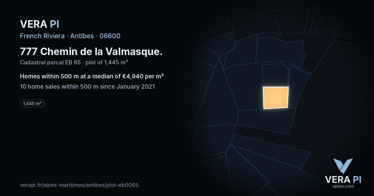 777 Chemin de la Valmasque, Antibes at night – the plot lit, the parcels around coloured by the prices near them