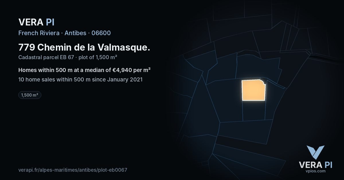 779 Chemin de la Valmasque, Antibes at night – the plot lit, the parcels around coloured by the prices near them