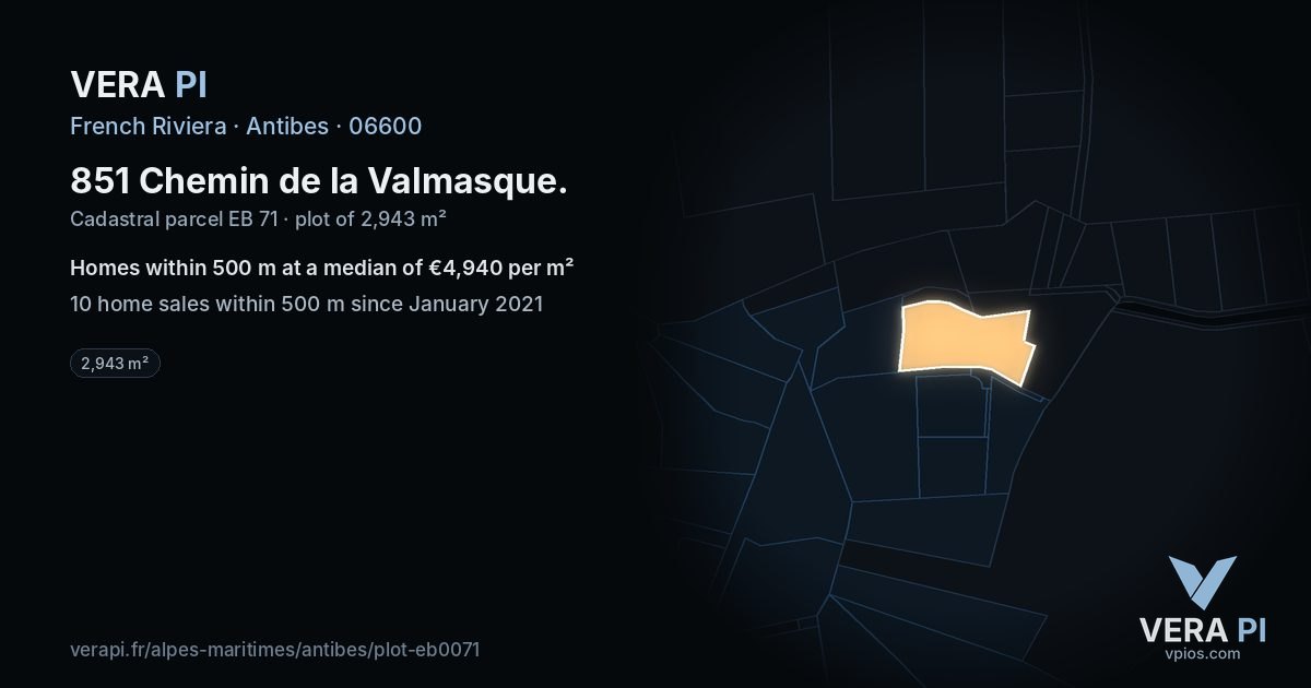 851 Chemin de la Valmasque, Antibes at night – the plot lit, the parcels around coloured by the prices near them