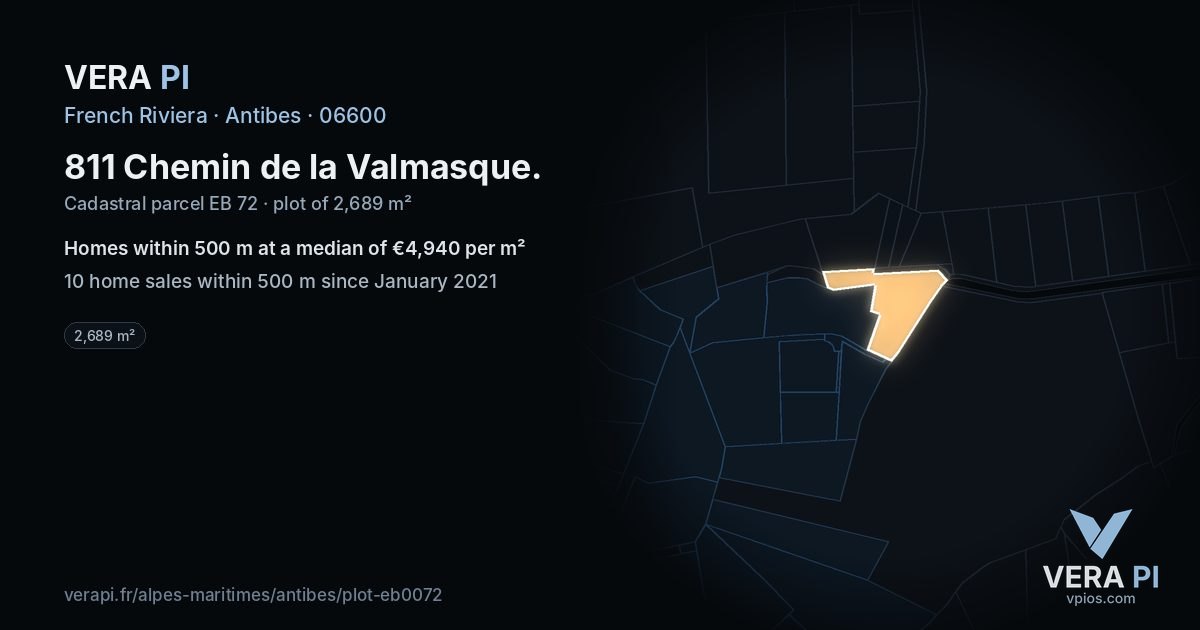 811 Chemin de la Valmasque, Antibes at night – the plot lit, the parcels around coloured by the prices near them