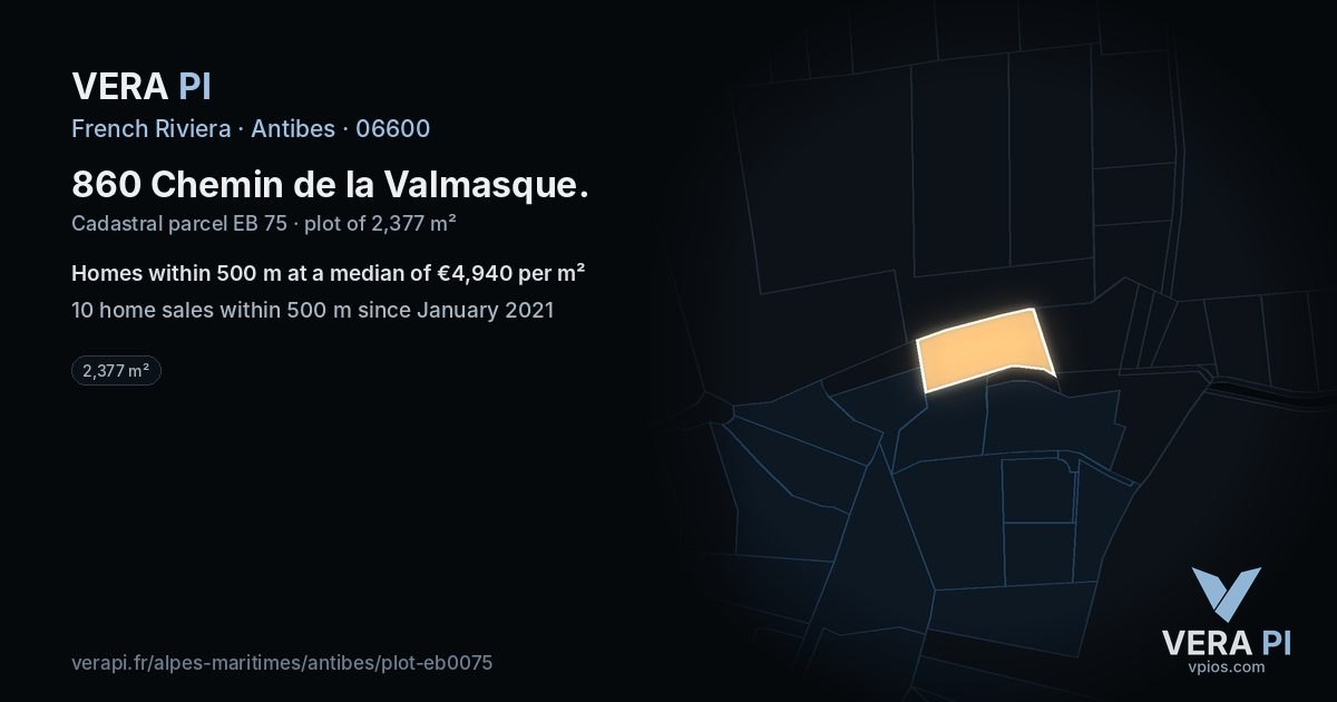 860 Chemin de la Valmasque, Antibes at night – the plot lit, the parcels around coloured by the prices near them
