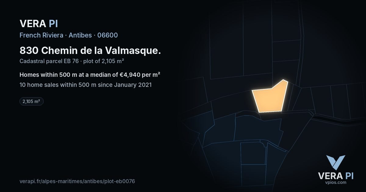 830 Chemin de la Valmasque, Antibes at night – the plot lit, the parcels around coloured by the prices near them