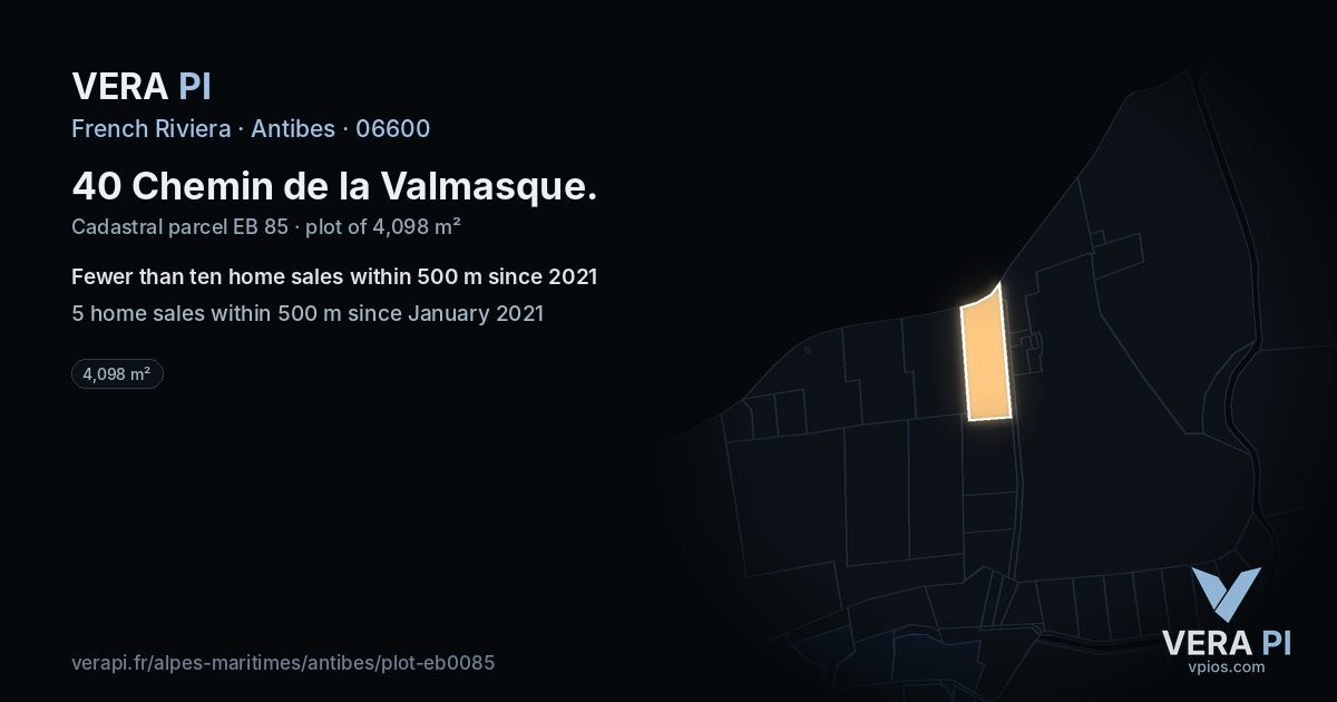 40 Chemin de la Valmasque, Antibes at night – the plot lit, the parcels around coloured by the prices near them