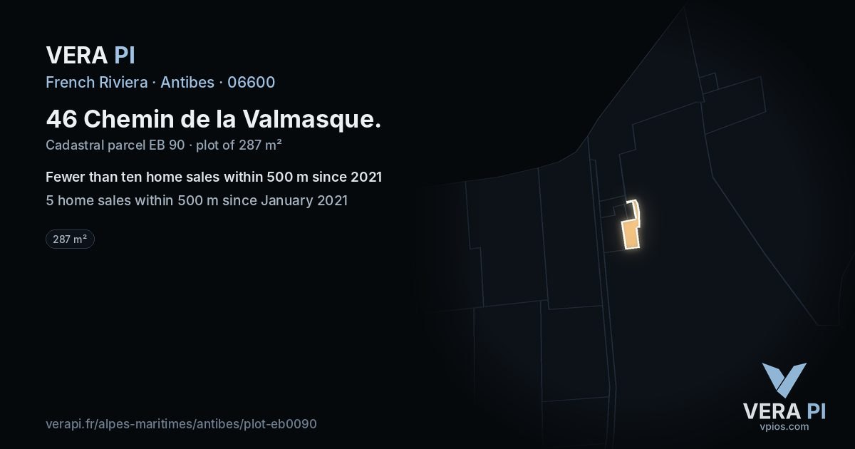 46 Chemin de la Valmasque, Antibes at night – the plot lit, the parcels around coloured by the prices near them