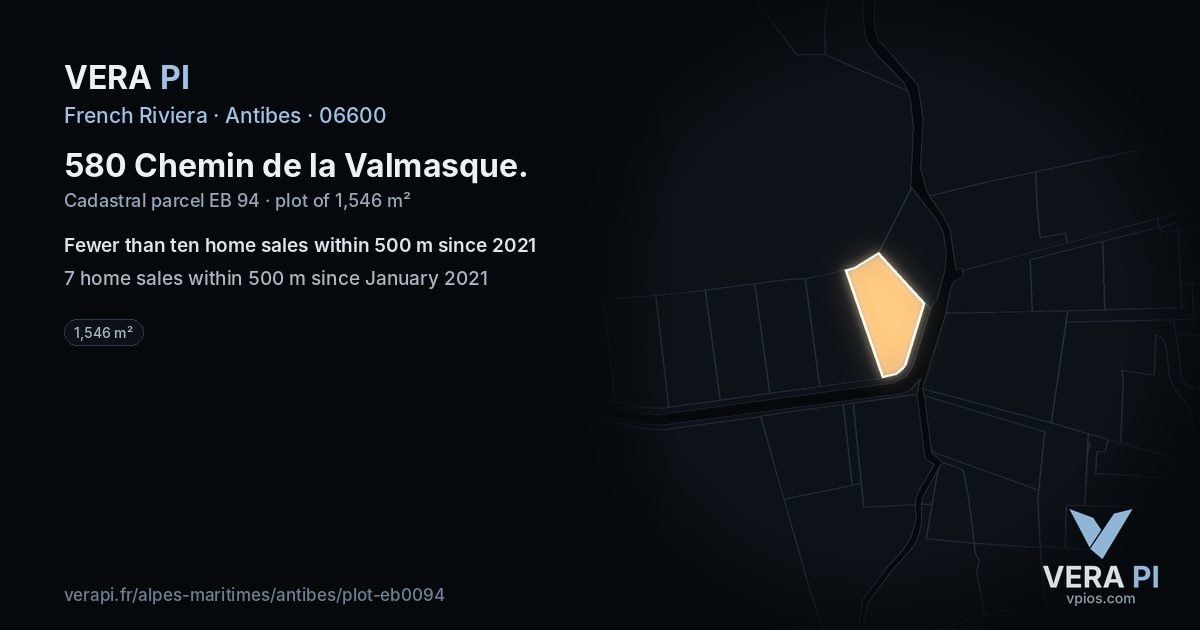 580 Chemin de la Valmasque, Antibes at night – the plot lit, the parcels around coloured by the prices near them