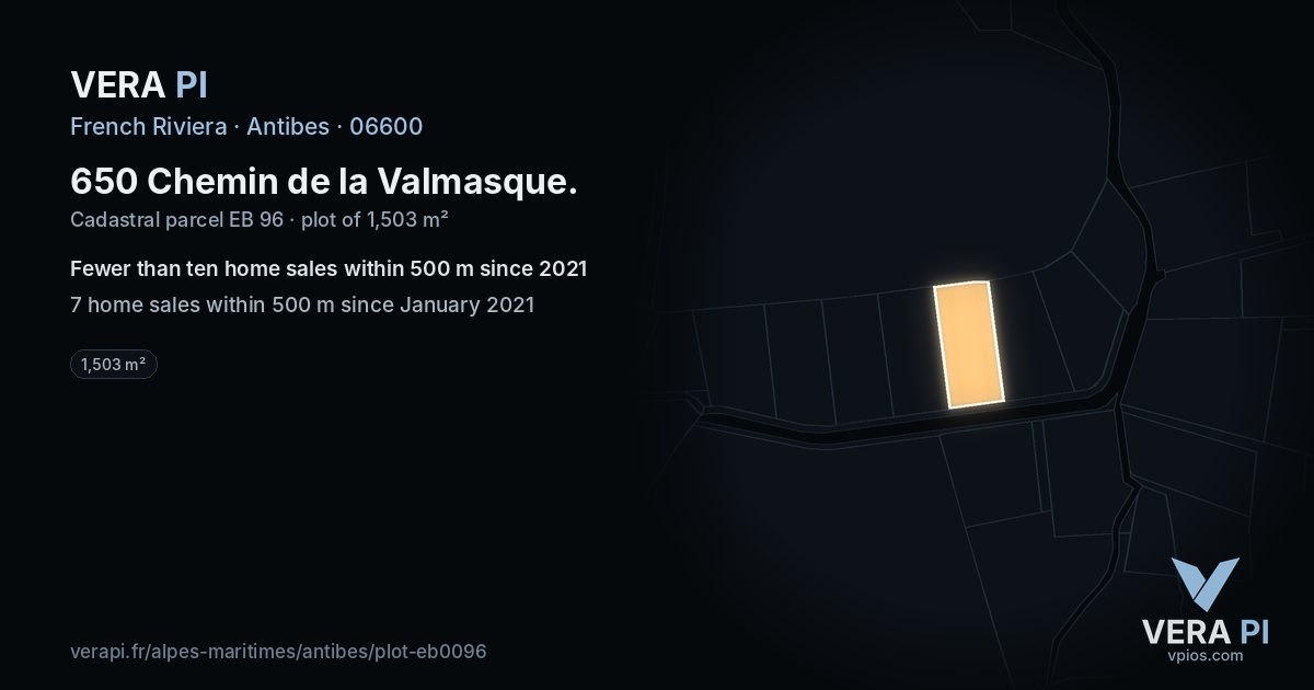 650 Chemin de la Valmasque, Antibes at night – the plot lit, the parcels around coloured by the prices near them