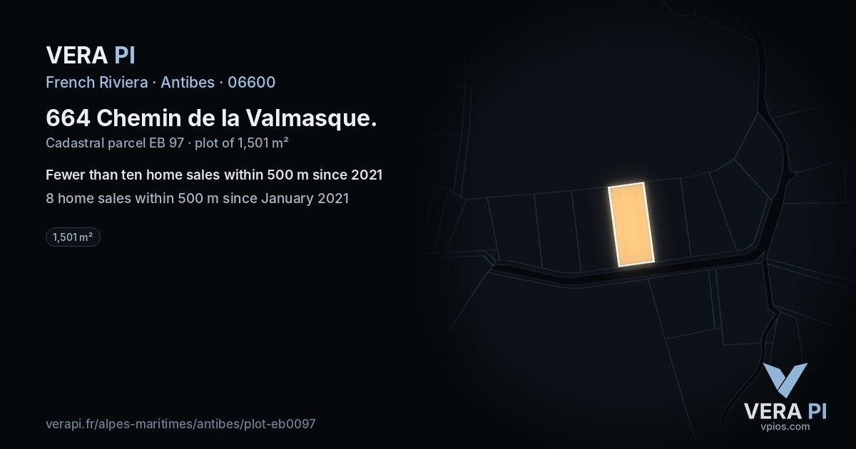 664 Chemin de la Valmasque, Antibes at night – the plot lit, the parcels around coloured by the prices near them