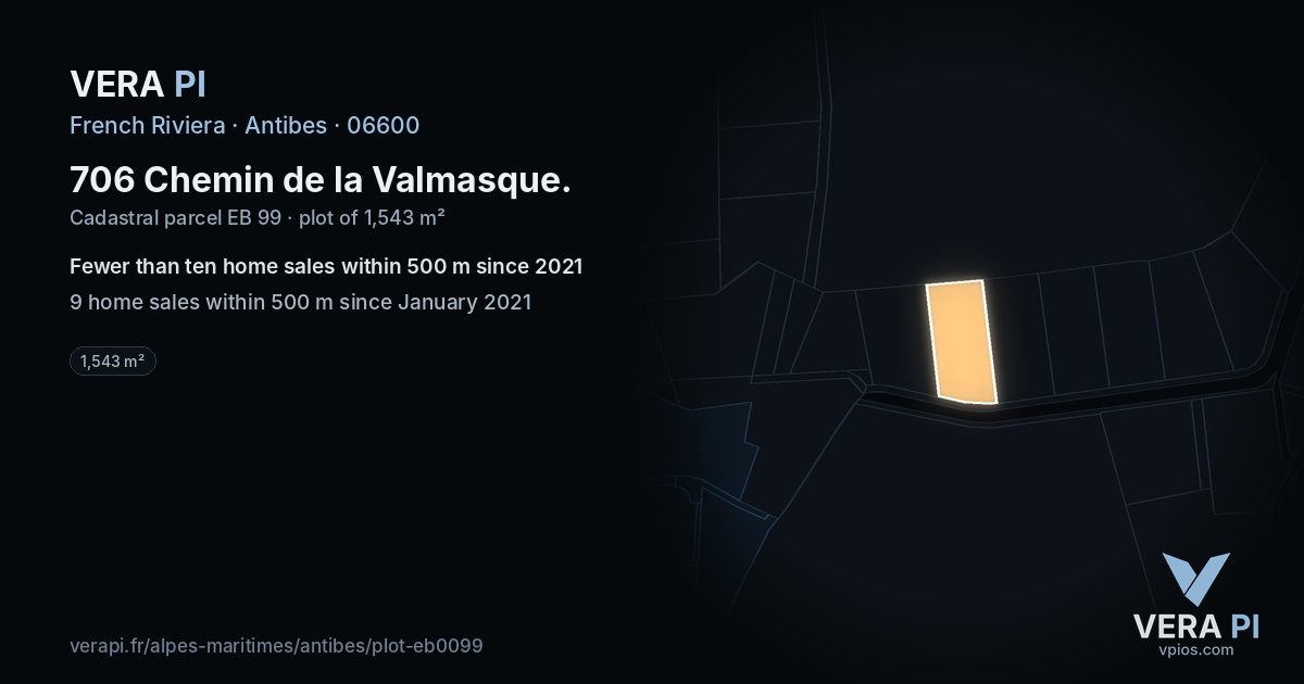706 Chemin de la Valmasque, Antibes at night – the plot lit, the parcels around coloured by the prices near them