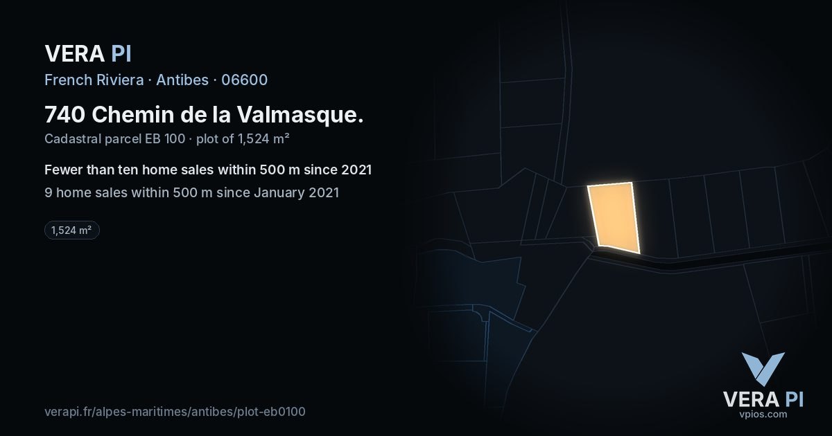 740 Chemin de la Valmasque, Antibes at night – the plot lit, the parcels around coloured by the prices near them