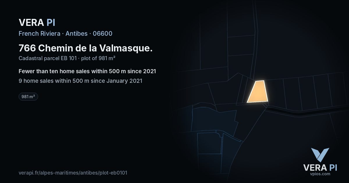 766 Chemin de la Valmasque, Antibes at night – the plot lit, the parcels around coloured by the prices near them