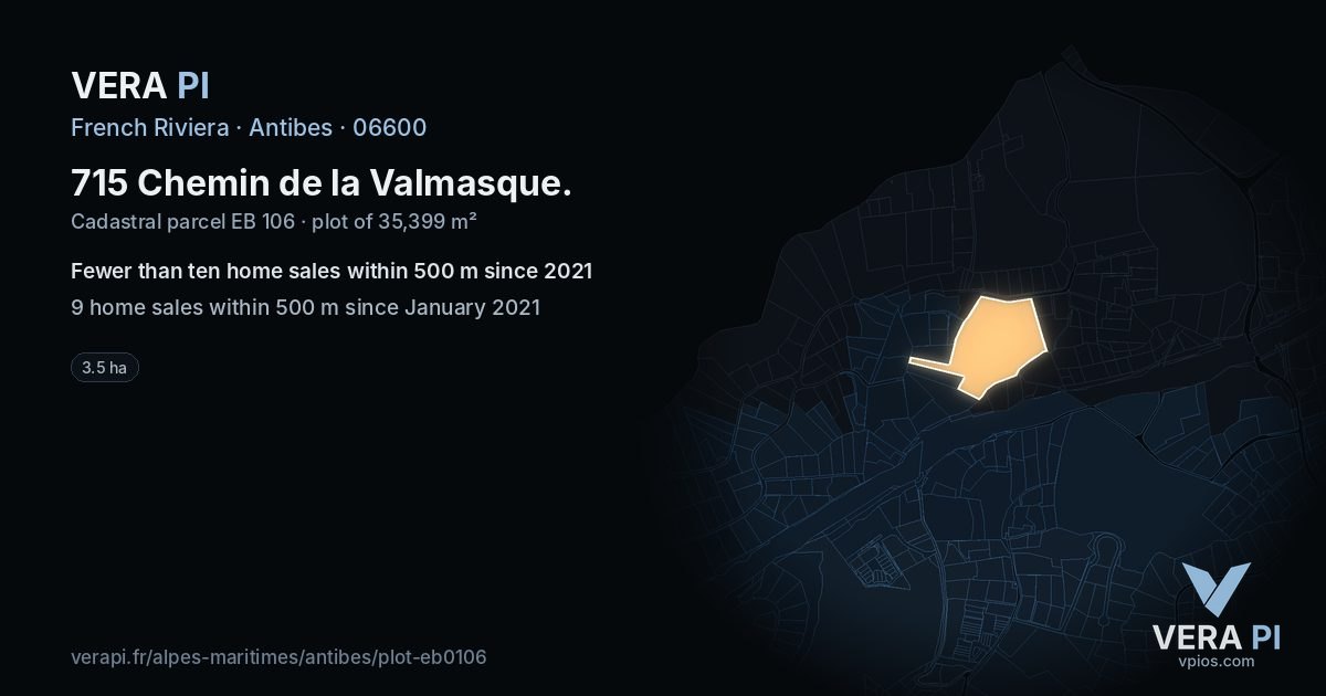 715 Chemin de la Valmasque, Antibes at night – the plot lit, the parcels around coloured by the prices near them
