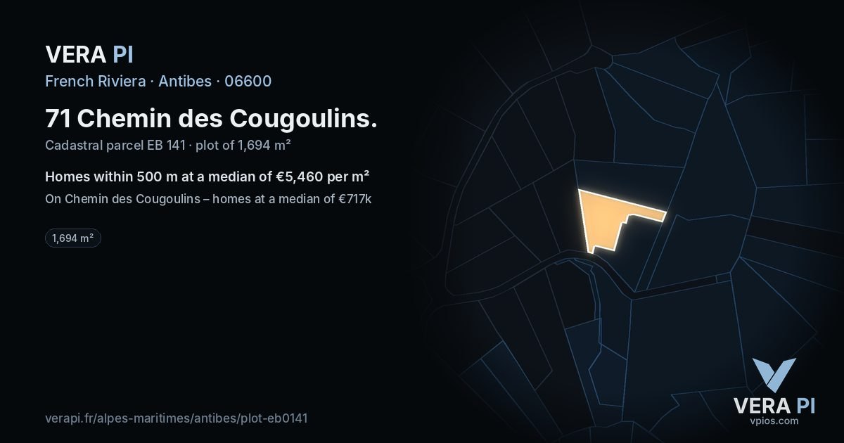 71 Chemin des Cougoulins, Antibes at night – the plot lit, the parcels around coloured by the prices near them