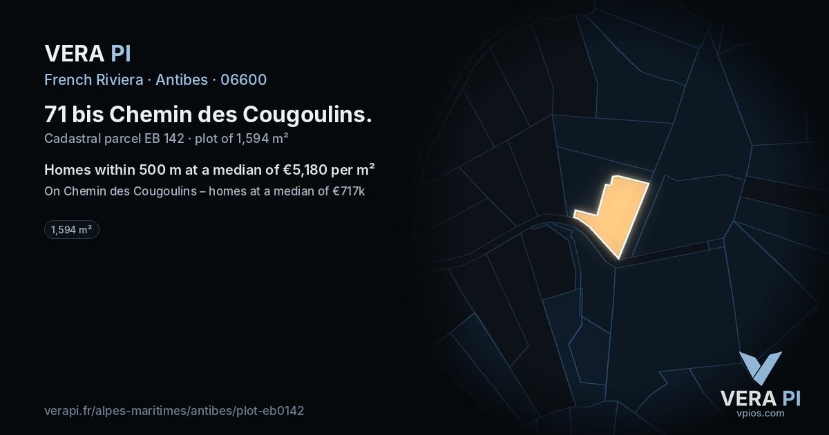 71 bis Chemin des Cougoulins, Antibes at night – the plot lit, the parcels around coloured by the prices near them