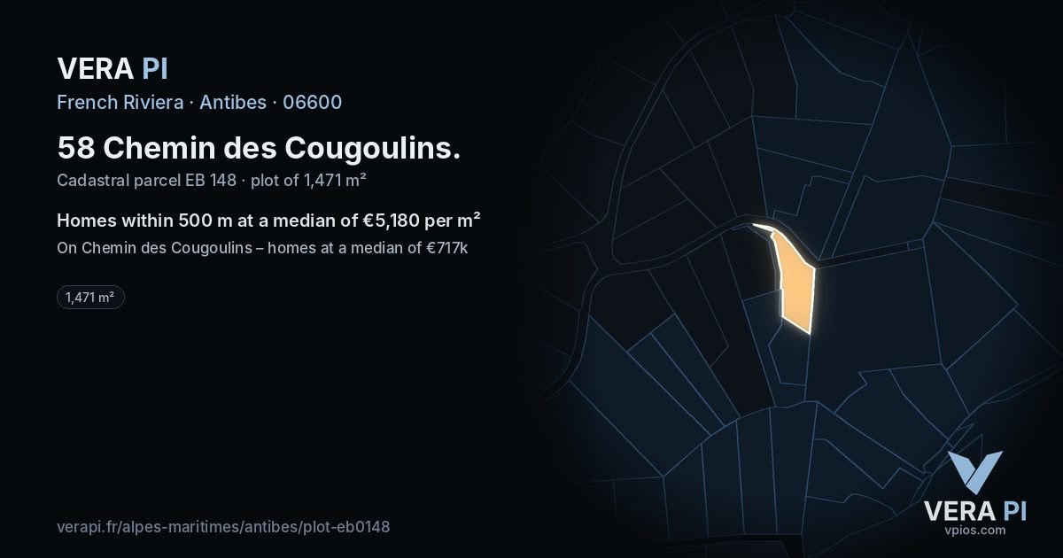58 Chemin des Cougoulins, Antibes at night – the plot lit, the parcels around coloured by the prices near them