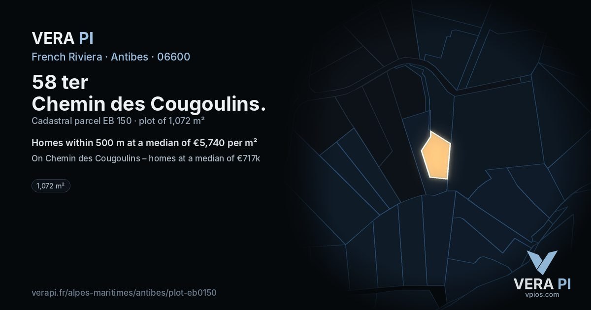 58 ter Chemin des Cougoulins, Antibes at night – the plot lit, the parcels around coloured by the prices near them