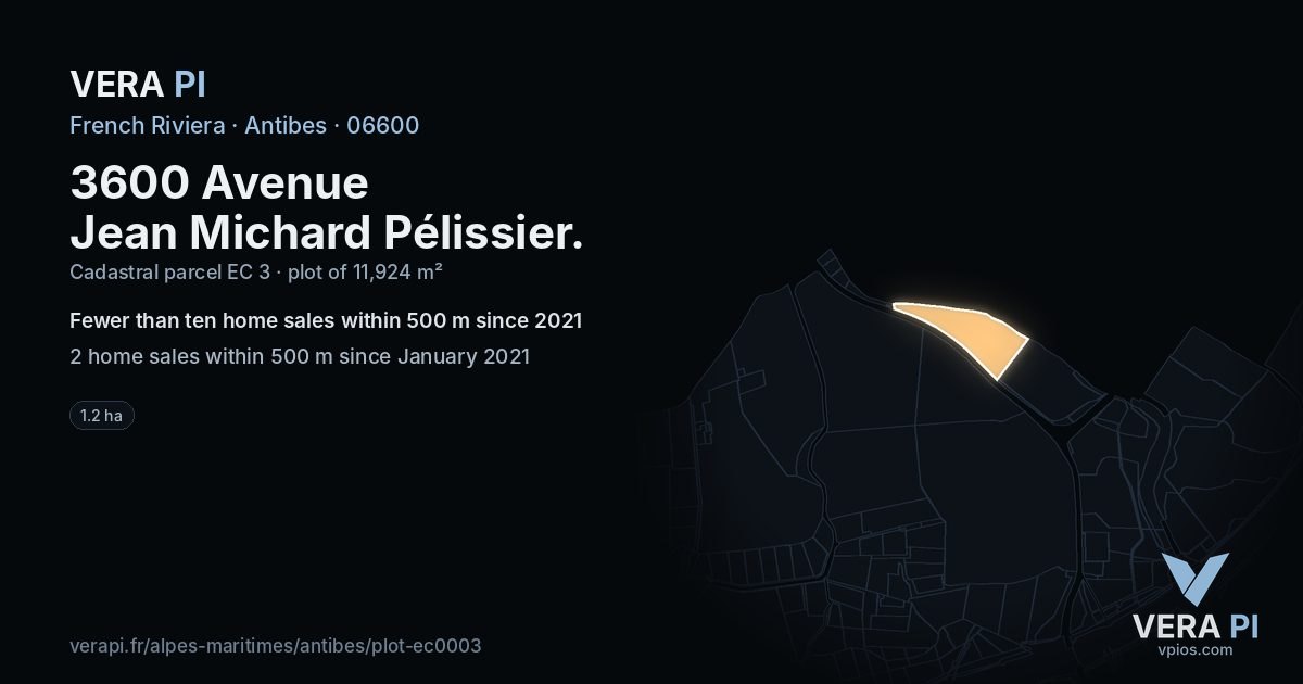 3600 Avenue Jean Michard Pélissier, Antibes at night – the plot lit, the parcels around coloured by the prices near them