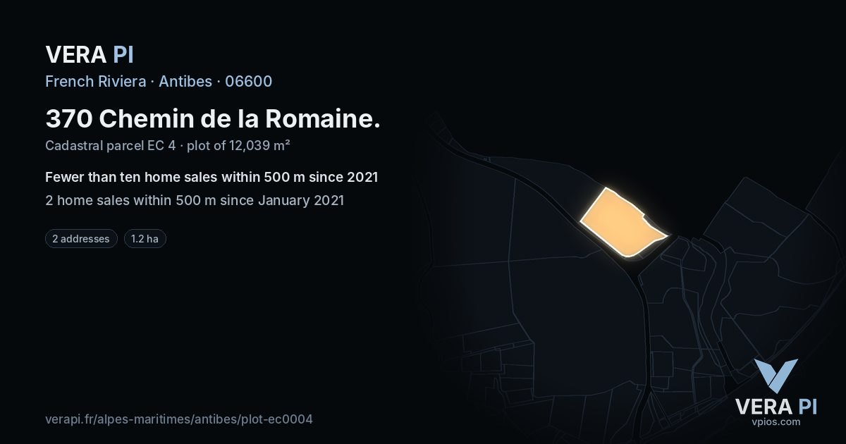 370 Chemin de la Romaine, Antibes at night – the plot lit, the parcels around coloured by the prices near them
