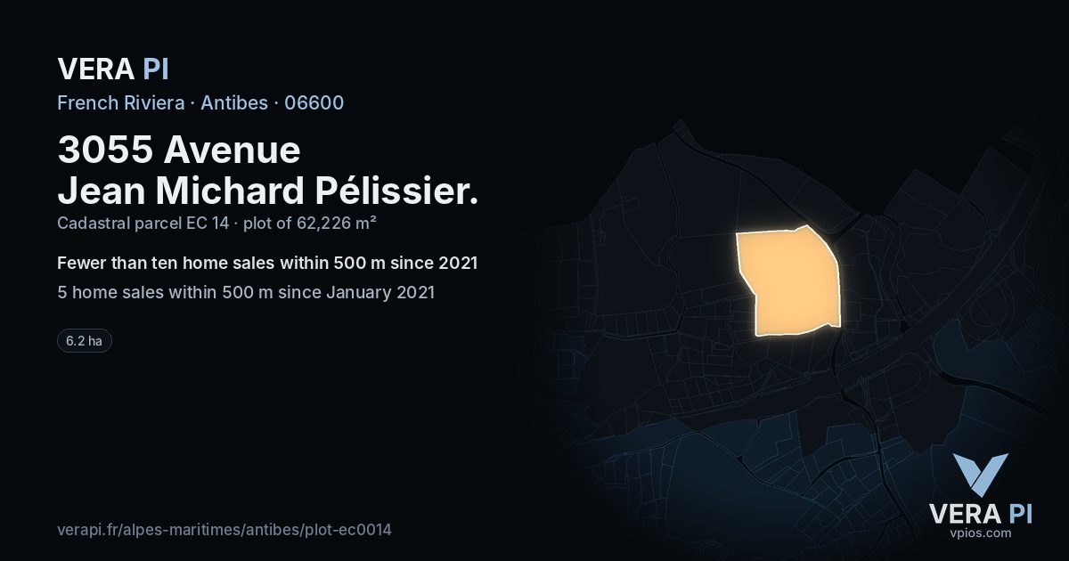 3055 Avenue Jean Michard Pélissier, Antibes at night – the plot lit, the parcels around coloured by the prices near them