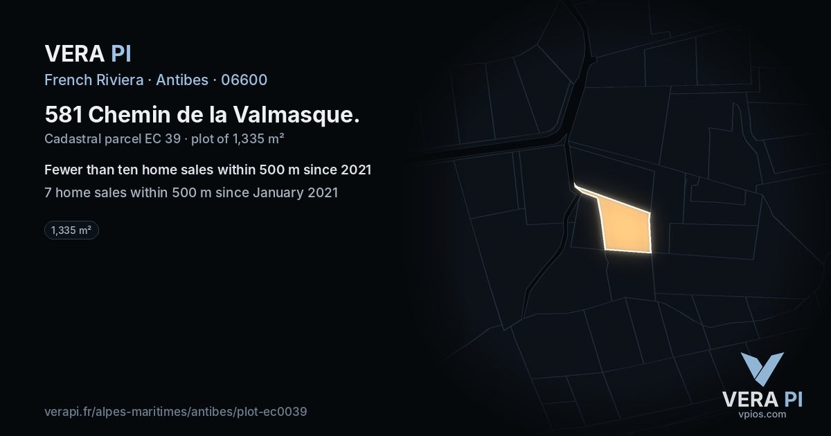 581 Chemin de la Valmasque, Antibes at night – the plot lit, the parcels around coloured by the prices near them