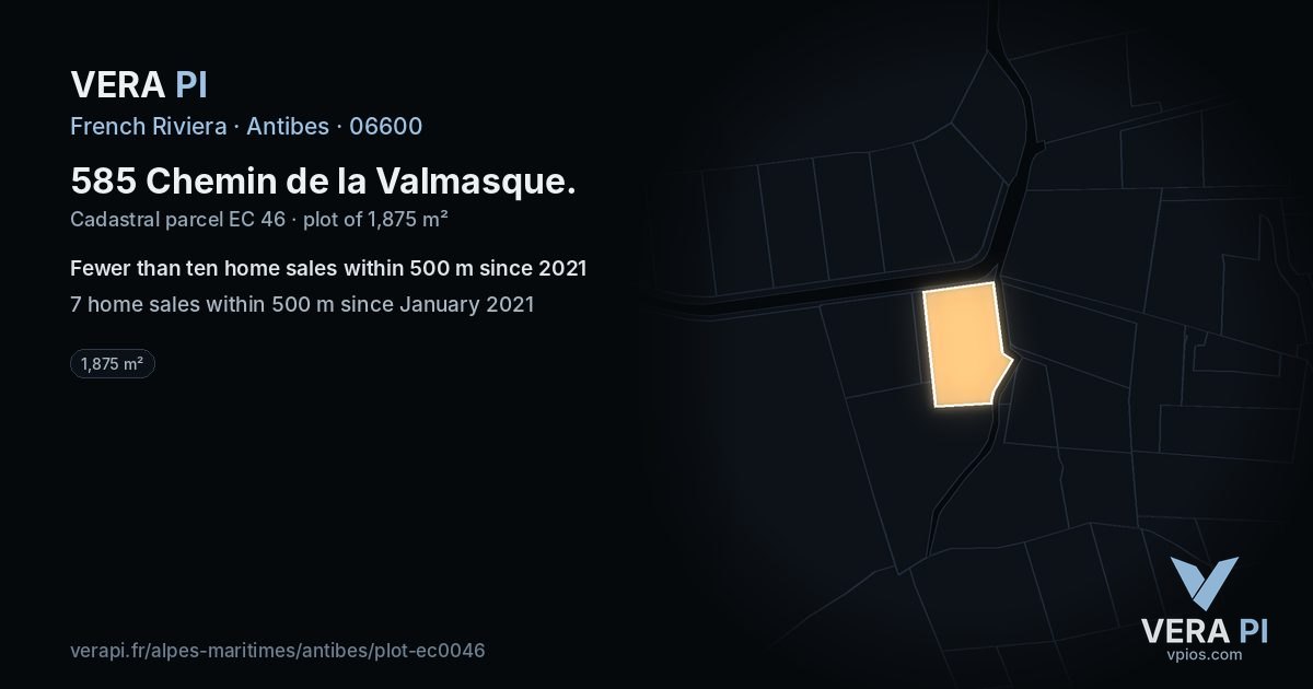 585 Chemin de la Valmasque, Antibes at night – the plot lit, the parcels around coloured by the prices near them