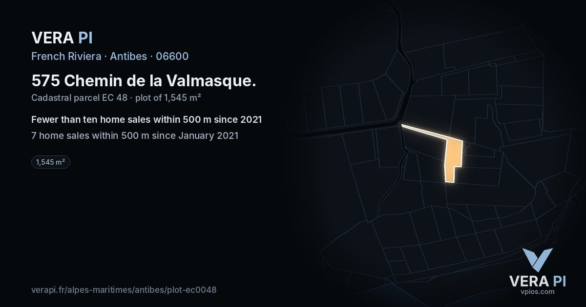 575 Chemin de la Valmasque, Antibes at night – the plot lit, the parcels around coloured by the prices near them
