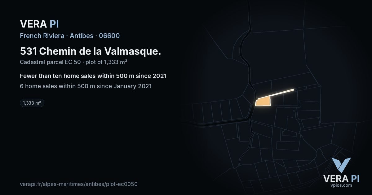 531 Chemin de la Valmasque, Antibes at night – the plot lit, the parcels around coloured by the prices near them