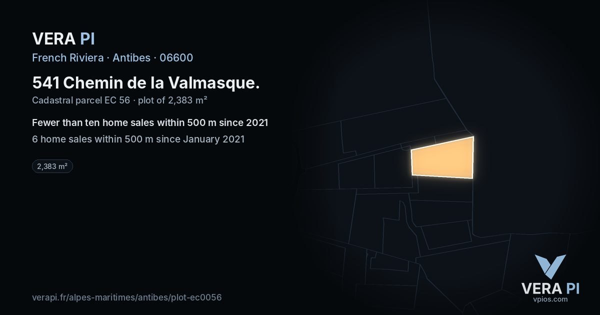 541 Chemin de la Valmasque, Antibes at night – the plot lit, the parcels around coloured by the prices near them