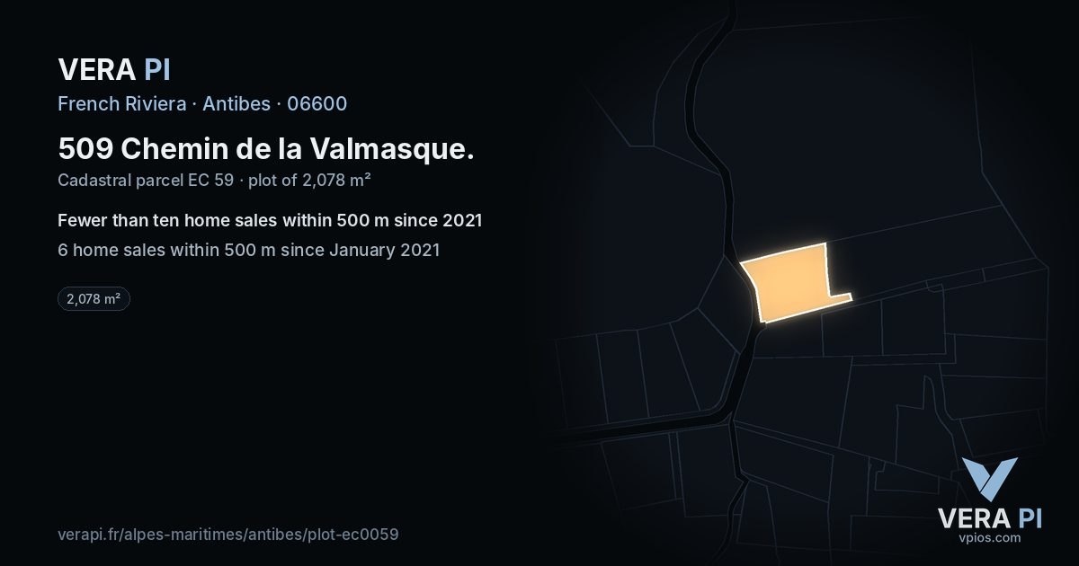 509 Chemin de la Valmasque, Antibes at night – the plot lit, the parcels around coloured by the prices near them