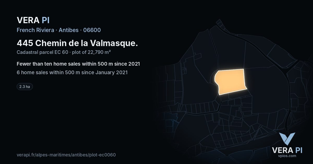 445 Chemin de la Valmasque, Antibes at night – the plot lit, the parcels around coloured by the prices near them