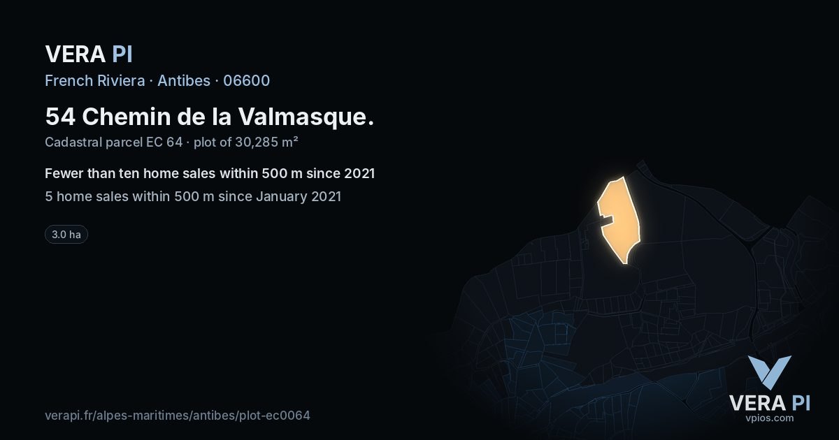 54 Chemin de la Valmasque, Antibes at night – the plot lit, the parcels around coloured by the prices near them