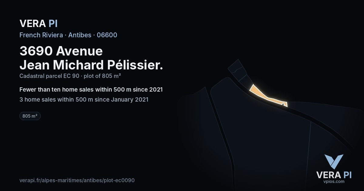3690 Avenue Jean Michard Pélissier, Antibes at night – the plot lit, the parcels around coloured by the prices near them