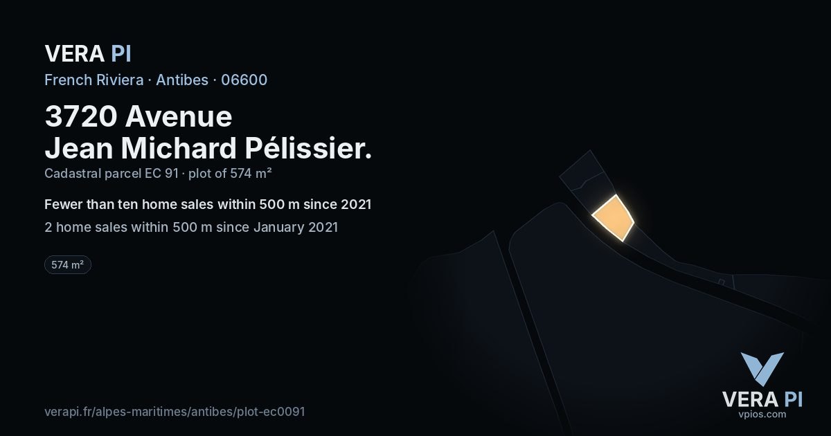 3720 Avenue Jean Michard Pélissier, Antibes at night – the plot lit, the parcels around coloured by the prices near them