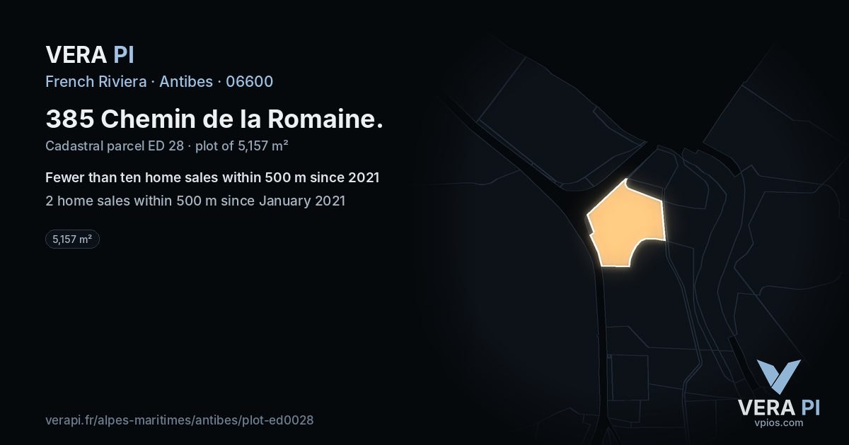 385 Chemin de la Romaine, Antibes at night – the plot lit, the parcels around coloured by the prices near them