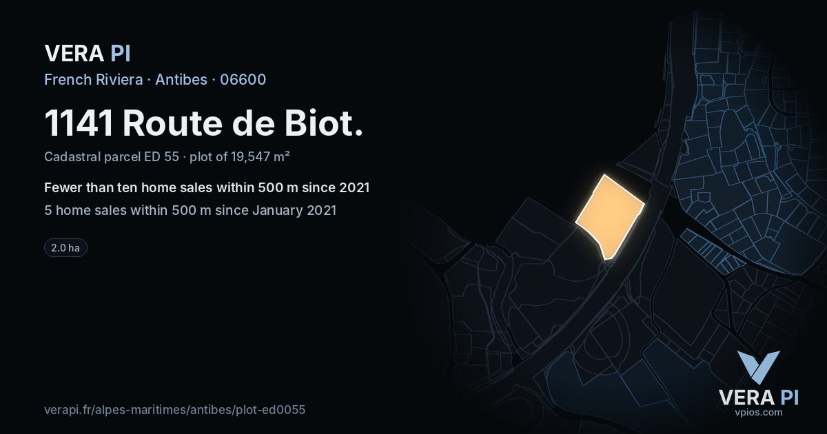 1141 Route de Biot, Antibes at night – the plot lit, the parcels around coloured by the prices near them
