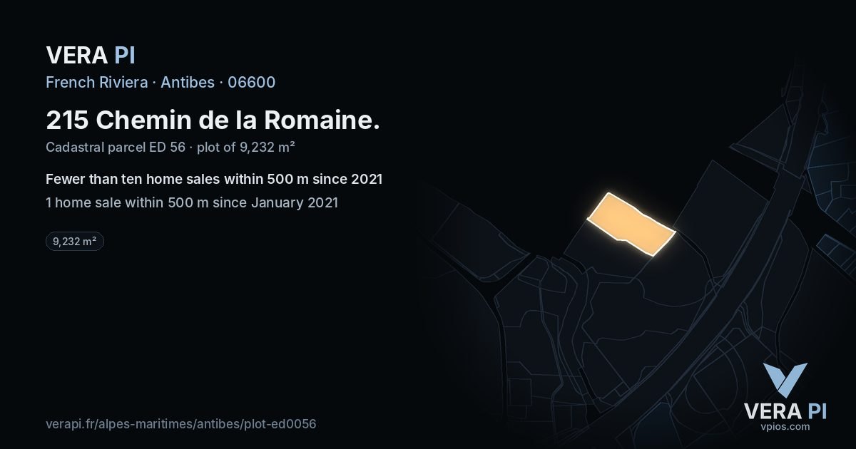 215 Chemin de la Romaine, Antibes at night – the plot lit, the parcels around coloured by the prices near them