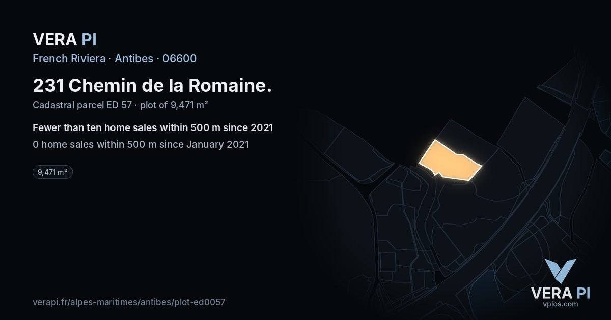 231 Chemin de la Romaine, Antibes at night – the plot lit, the parcels around coloured by the prices near them