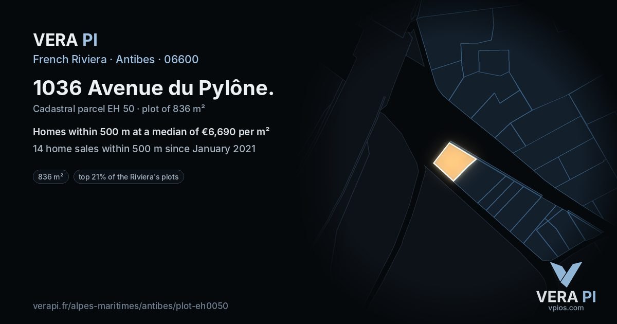 1036 Avenue du Pylône, Antibes at night – the plot lit, the parcels around coloured by the prices near them