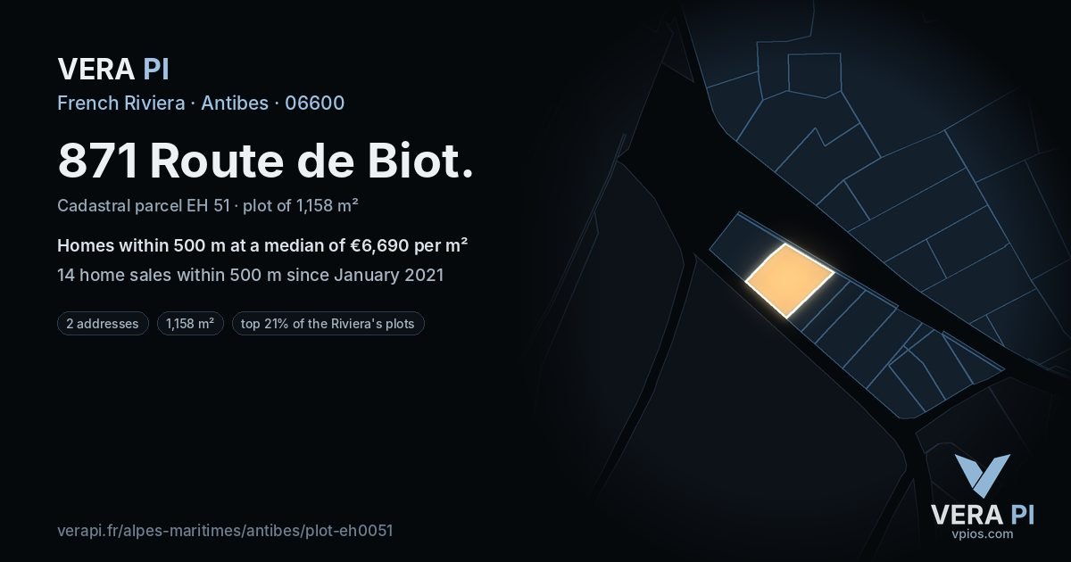 871 Route de Biot, Antibes at night – the plot lit, the parcels around coloured by the prices near them