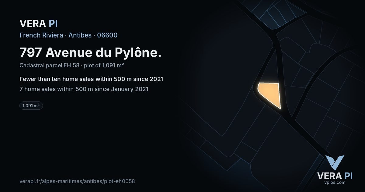 797 Avenue du Pylône, Antibes at night – the plot lit, the parcels around coloured by the prices near them