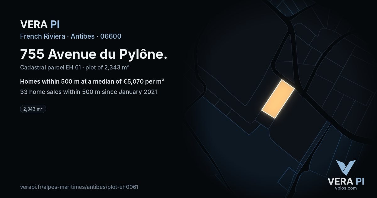 755 Avenue du Pylône, Antibes at night – the plot lit, the parcels around coloured by the prices near them