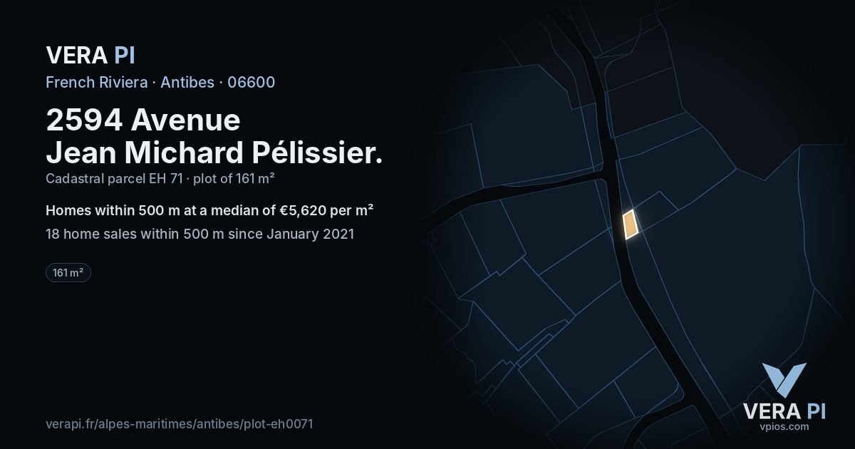 2594 Avenue Jean Michard Pélissier, Antibes at night – the plot lit, the parcels around coloured by the prices near them