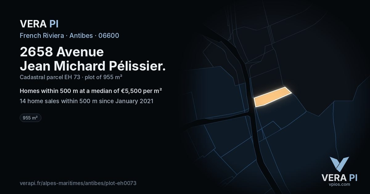 2658 Avenue Jean Michard Pélissier, Antibes at night – the plot lit, the parcels around coloured by the prices near them