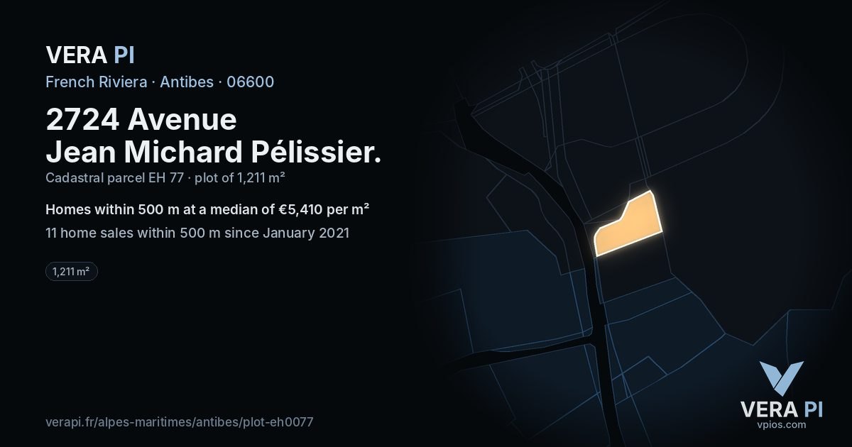 2724 Avenue Jean Michard Pélissier, Antibes at night – the plot lit, the parcels around coloured by the prices near them