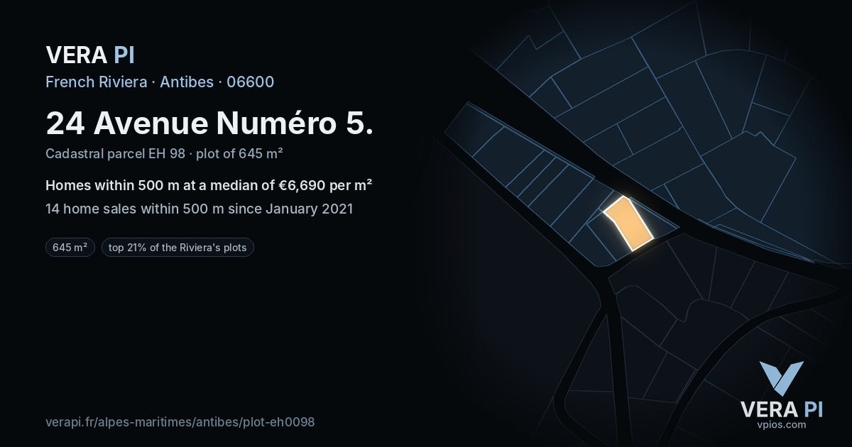 24 Avenue Numéro 5, Antibes at night – the plot lit, the parcels around coloured by the prices near them