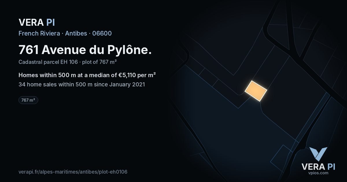 761 Avenue du Pylône, Antibes at night – the plot lit, the parcels around coloured by the prices near them