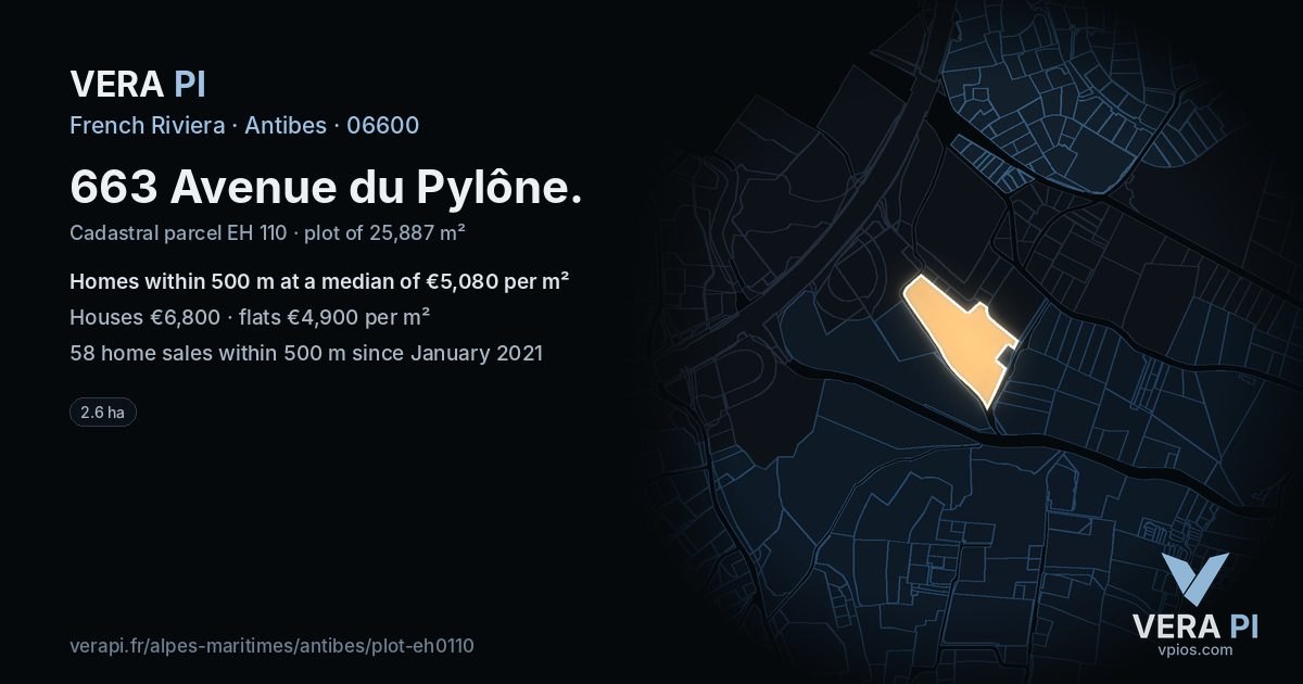 663 Avenue du Pylône, Antibes at night – the plot lit, the parcels around coloured by the prices near them