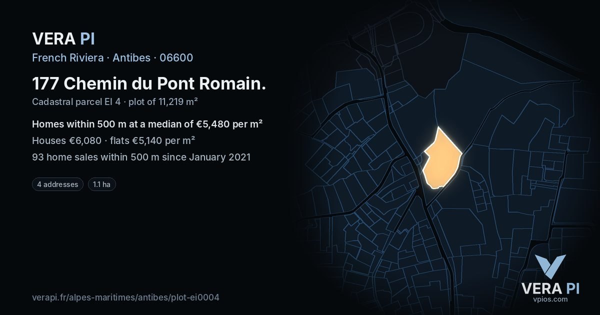177 Chemin du Pont Romain, Antibes at night – the plot lit, the parcels around coloured by the prices near them