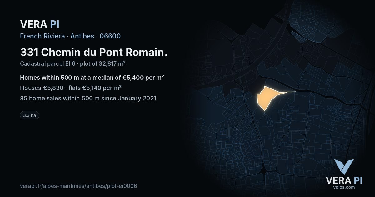 331 Chemin du Pont Romain, Antibes at night – the plot lit, the parcels around coloured by the prices near them